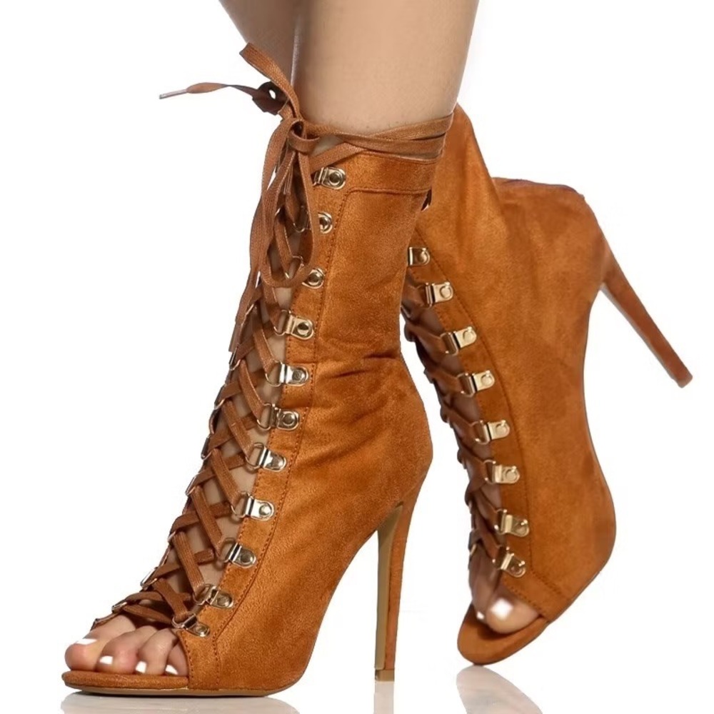 Cape Robbin Women Cognac Faux Suede Lace Up Peep Toe Stiletto Ankle Boots